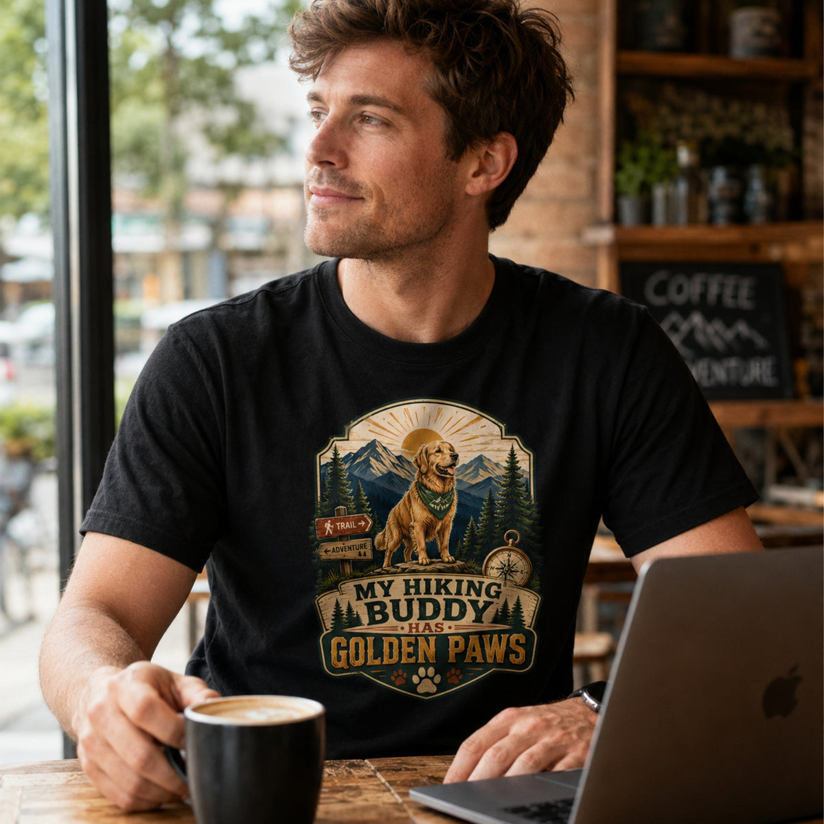 Man wearing a black My Hiking Buddy Has Golden Paws T-shirt in a coffee shop with a laptop and coffee.