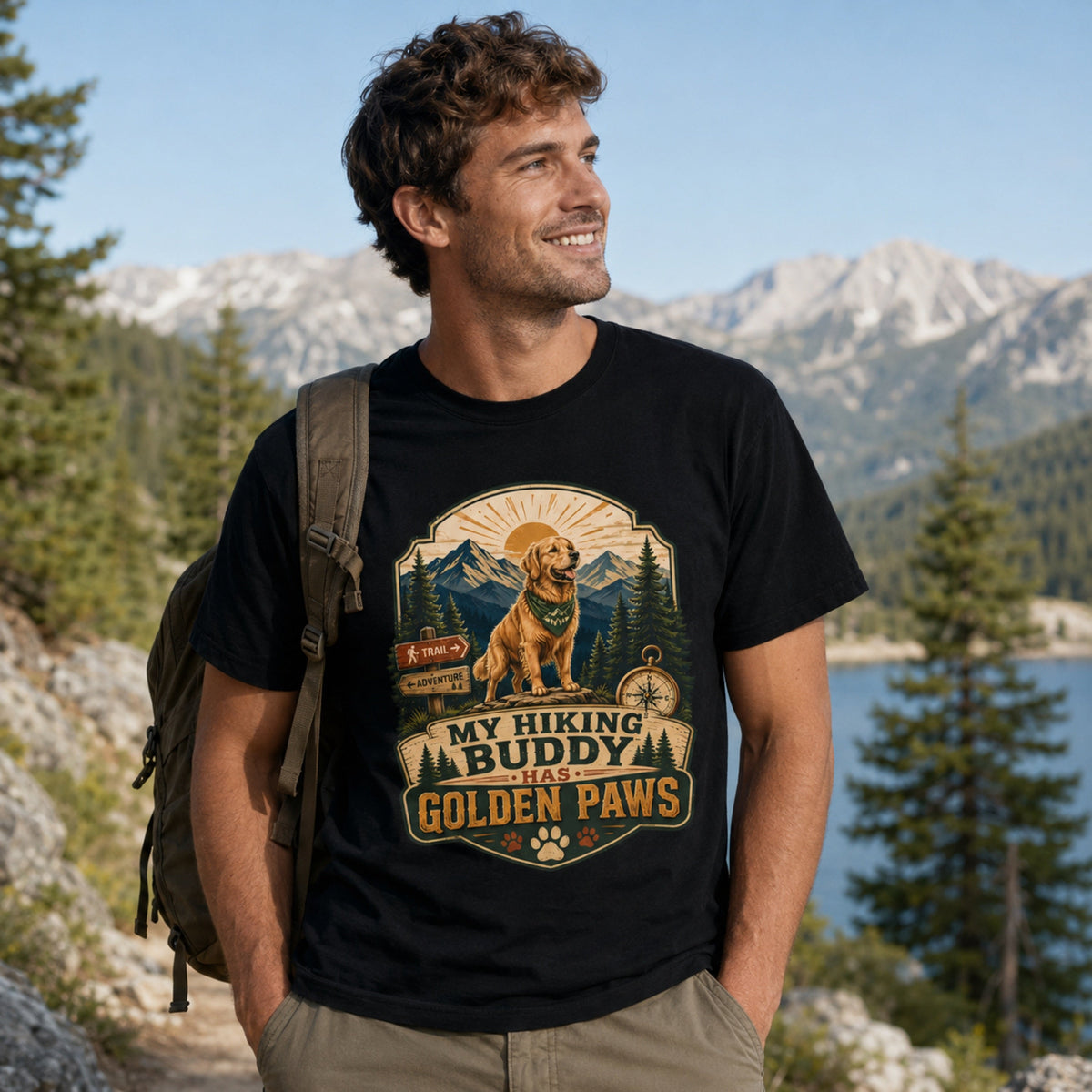 Man wearing a black My Hiking Buddy Has Golden Paws T-shirt on a lakeside hiking trail.