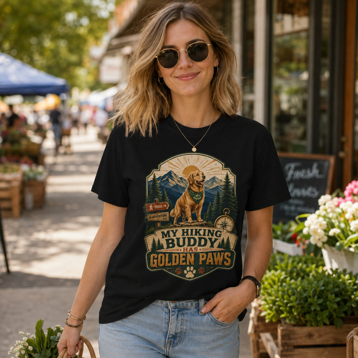 Woman wearing a black My Hiking Buddy Has Golden Paws T-shirt at an outdoor farmers market.