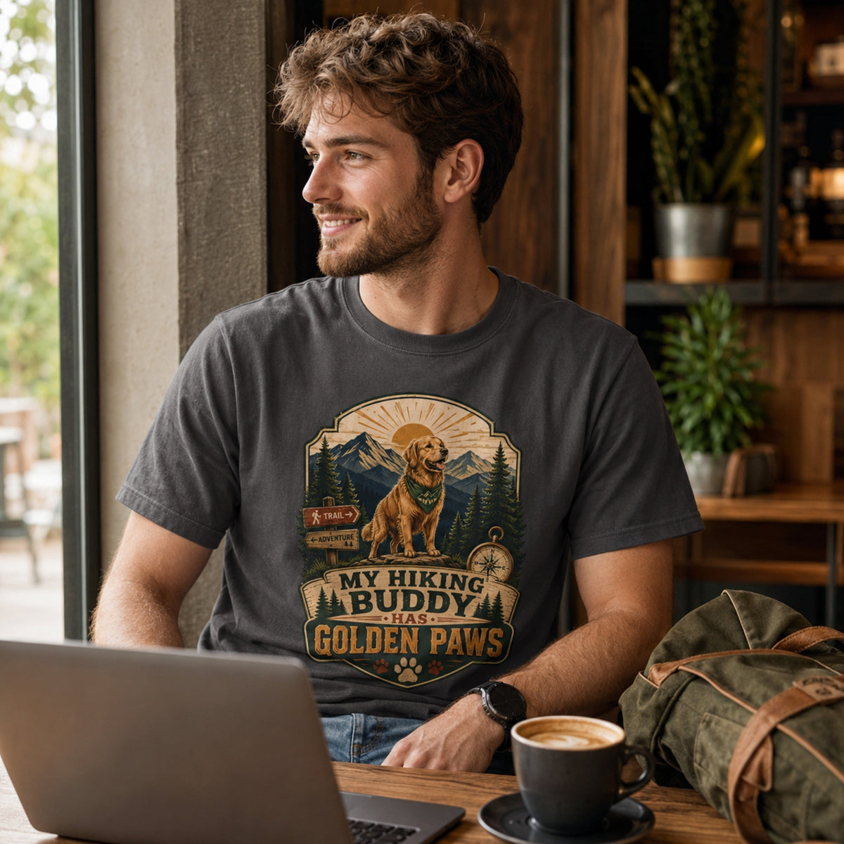 Man wearing a graphite My Hiking Buddy Has Golden Paws T-shirt in a coffee shop with a laptop and coffee.