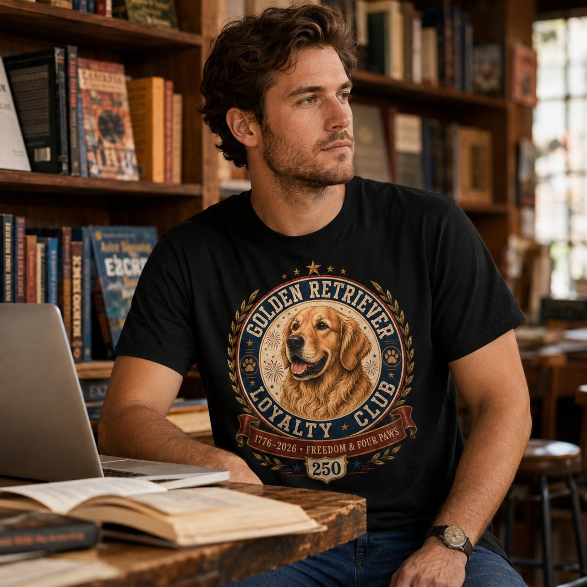 Man wearing a black Golden Retriever Loyalty Club T-shirt with books and a laptop in a bookstore setting.