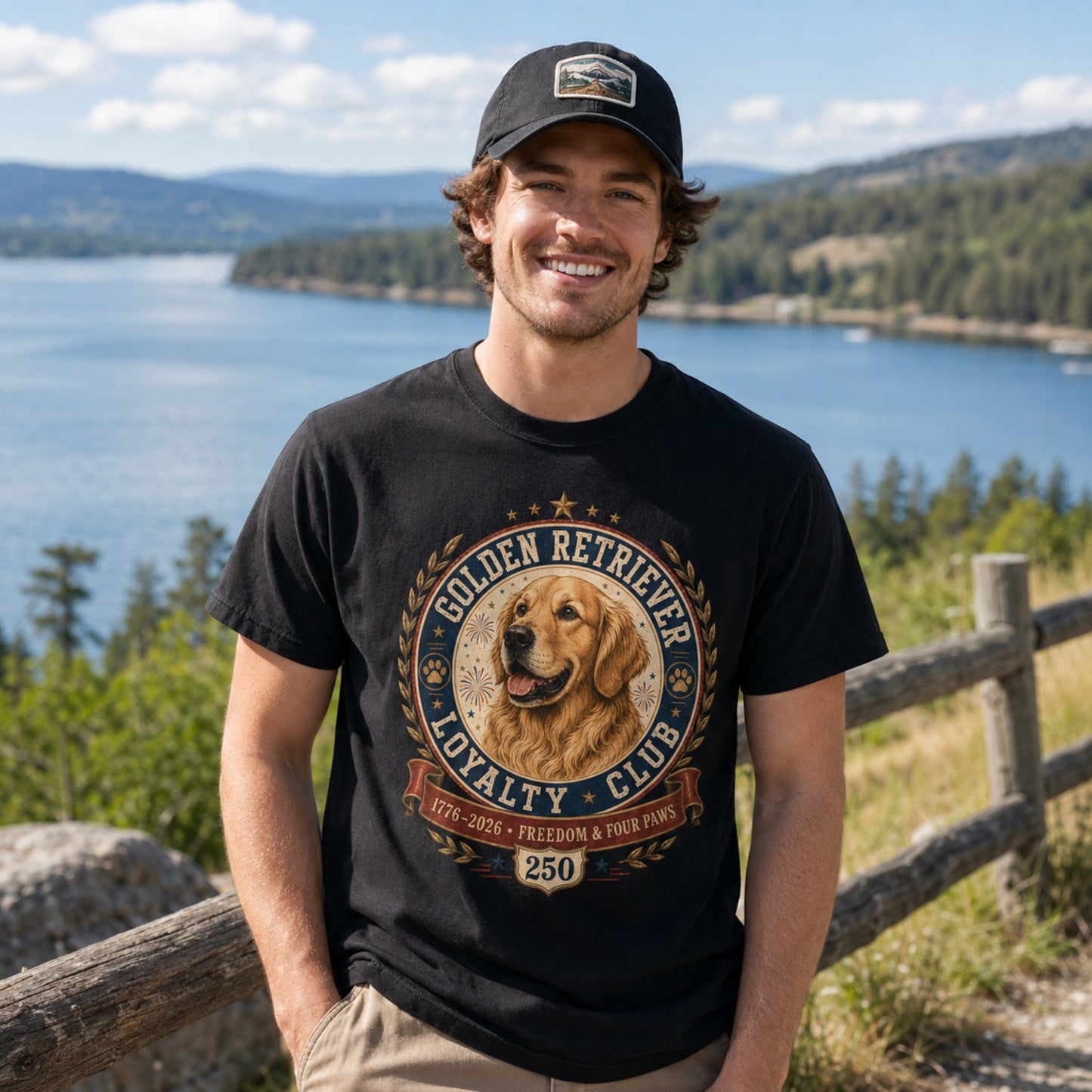 Man wearing a black Golden Retriever Loyalty Club T-shirt at a lakeside outdoor location.