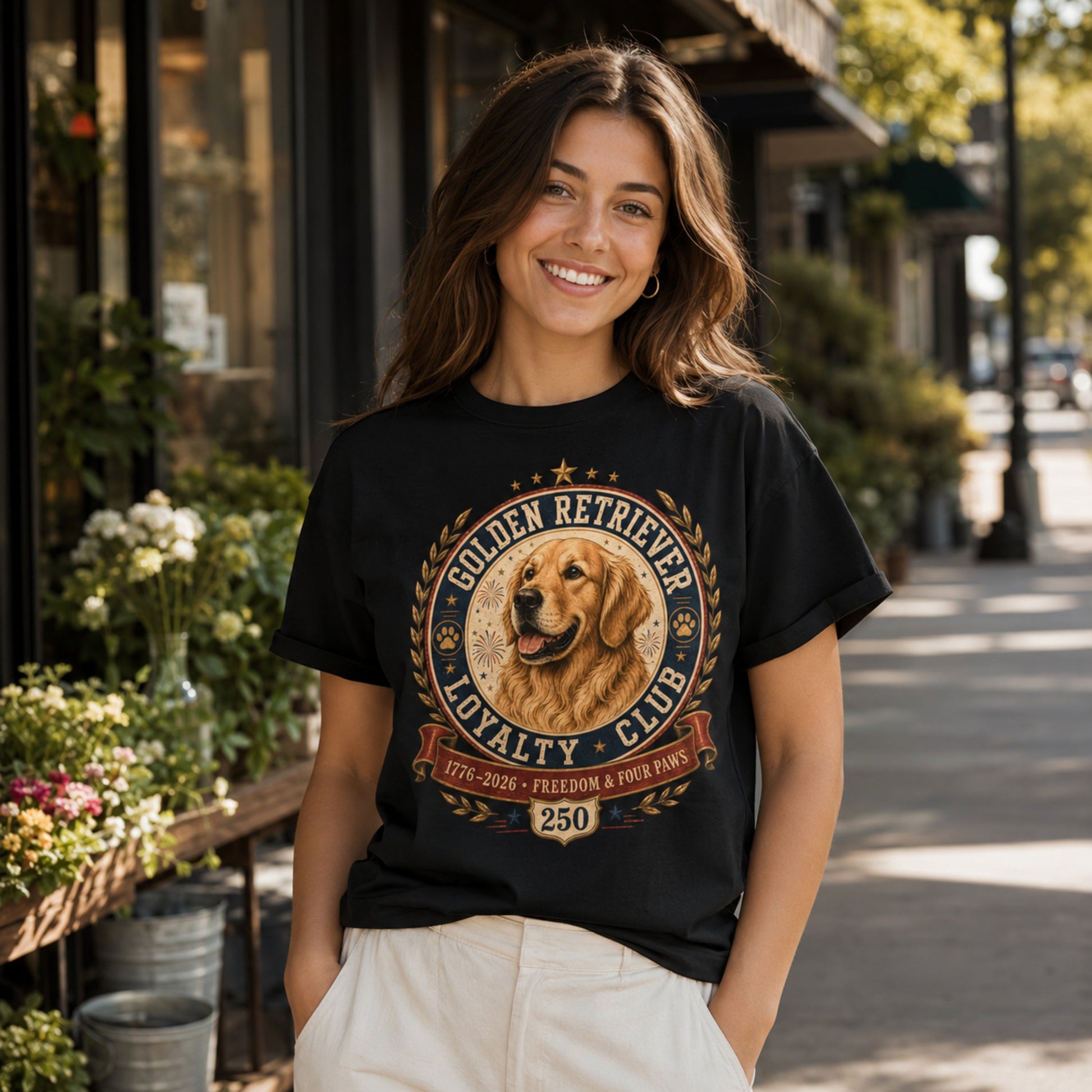 Woman wearing a black Golden Retriever Loyalty Club T-shirt on a city street.