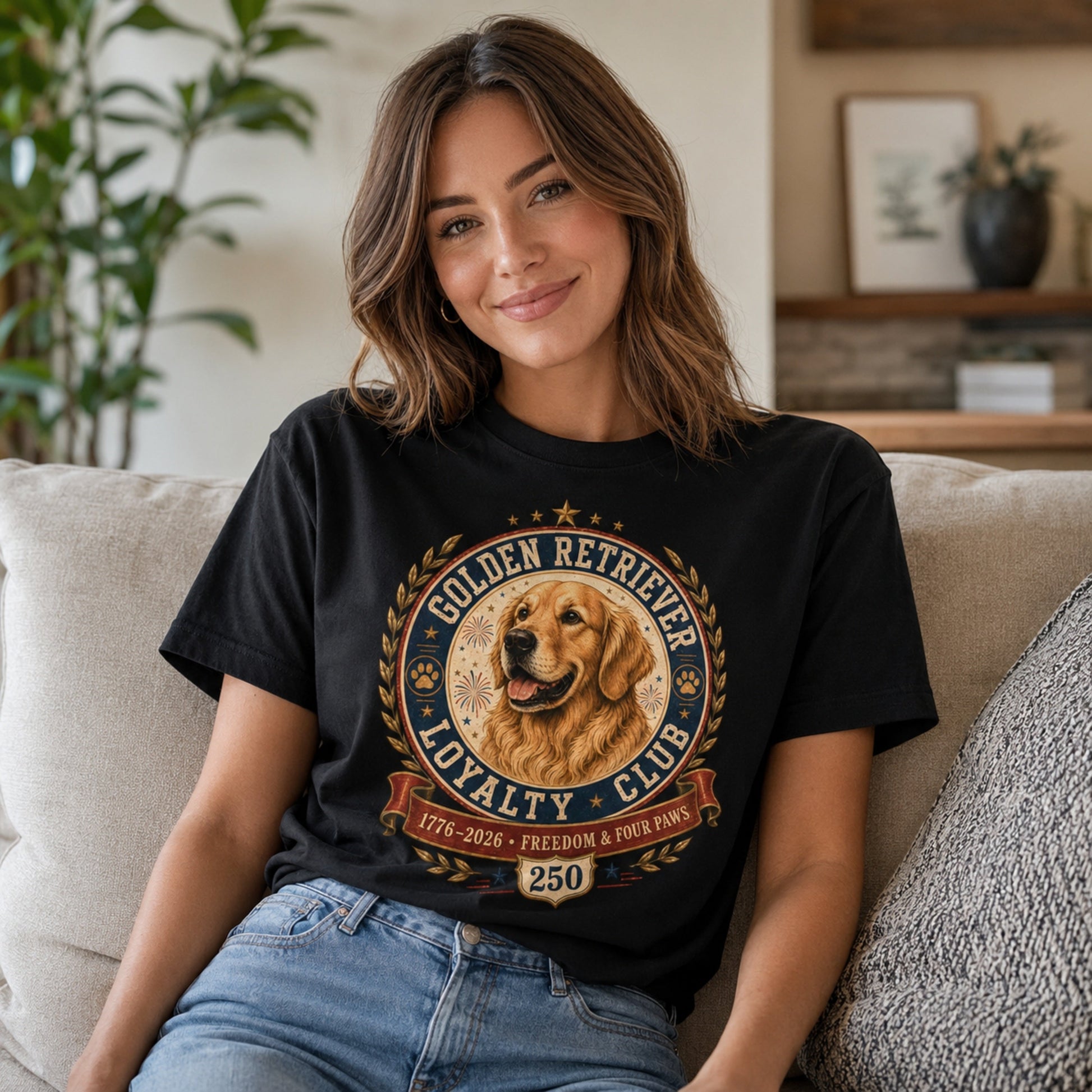 Woman wearing a black Golden Retriever Loyalty Club T-shirt while sitting on a sofa indoors.
