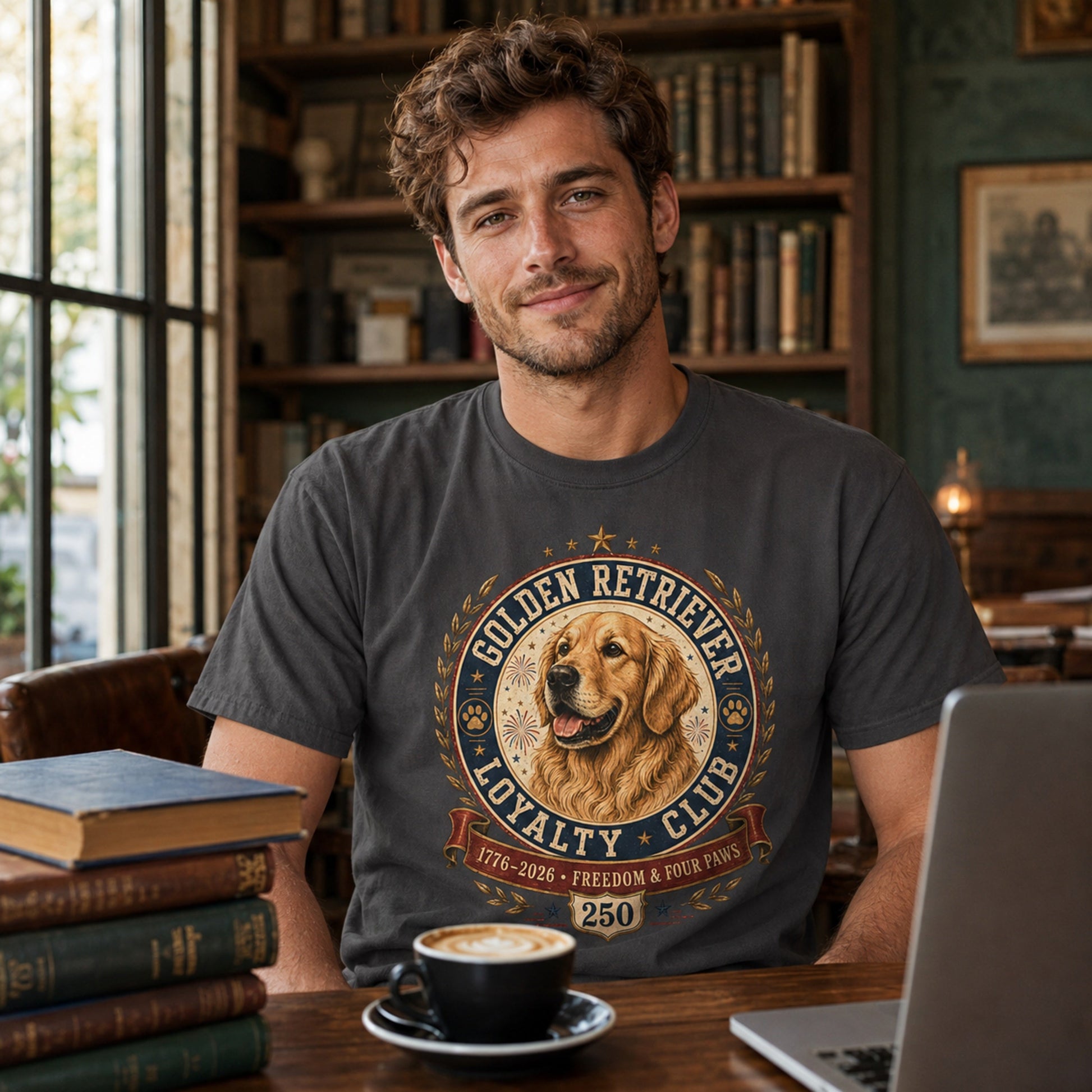 Man wearing a graphite Golden Retriever Loyalty Club T-shirt with books, laptop, and coffee in a cafe setting.