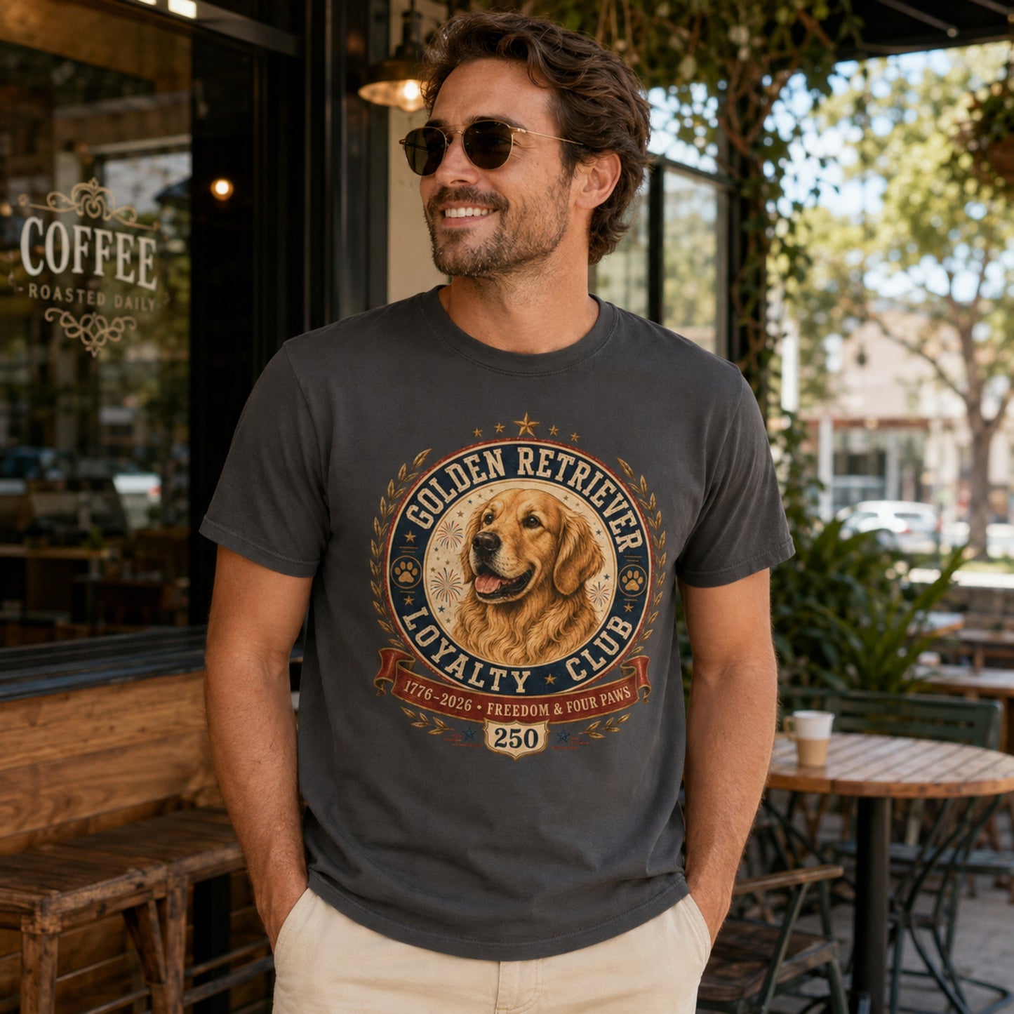Man wearing a graphite Golden Retriever Loyalty Club T-shirt at a coffee shop patio.