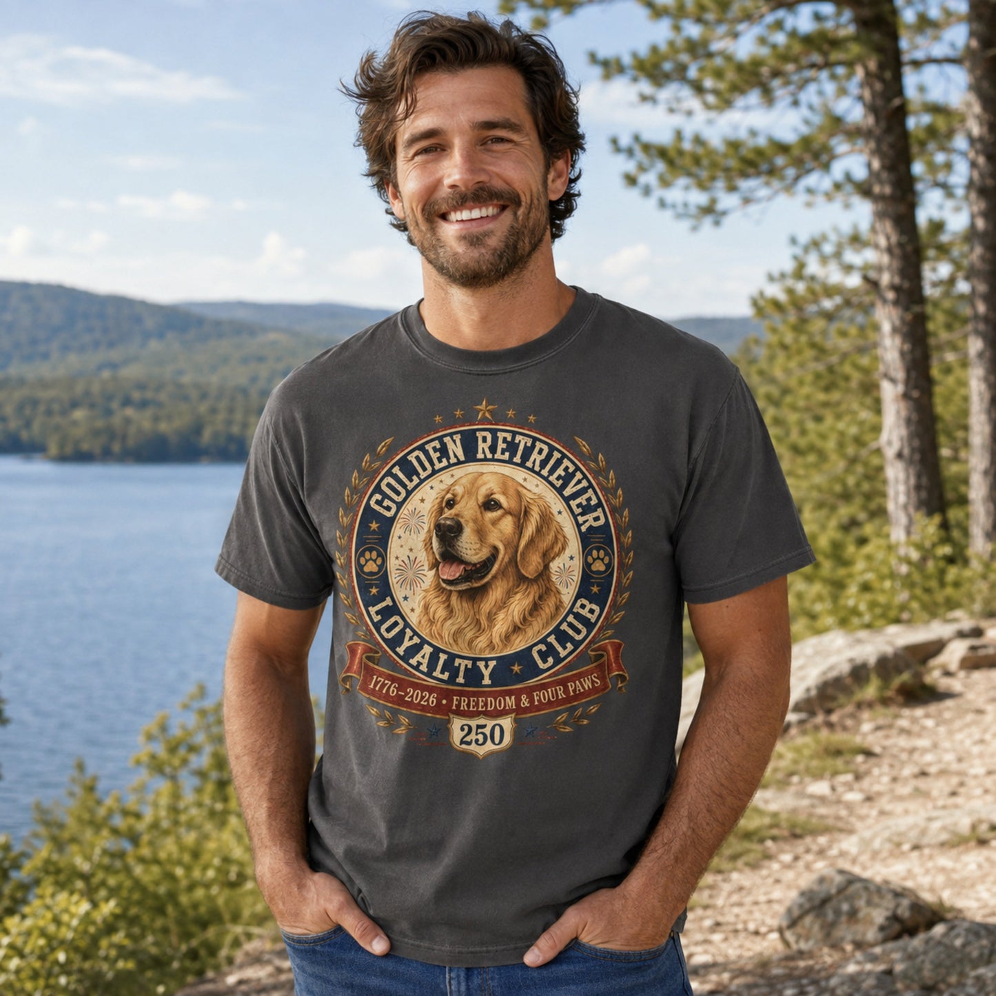 Man wearing a graphite Golden Retriever Loyalty Club T-shirt at a lakeside outdoor location.