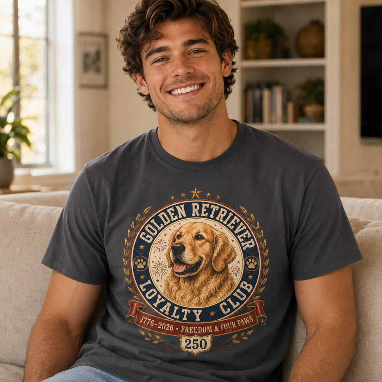 Man wearing a graphite Golden Retriever Loyalty Club T-shirt while sitting on a sofa indoors.