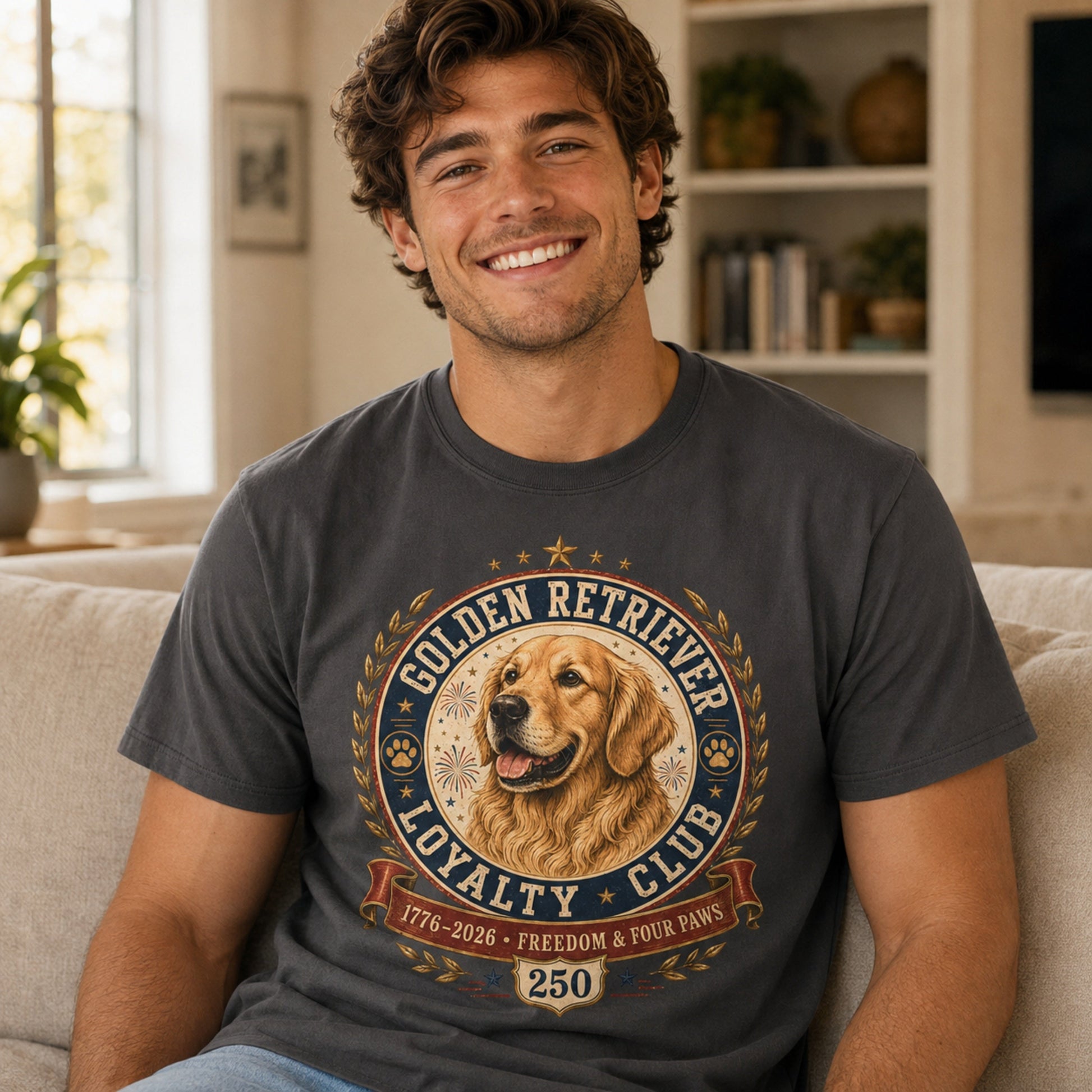 Man wearing a graphite Golden Retriever Loyalty Club T-shirt while sitting on a sofa indoors.