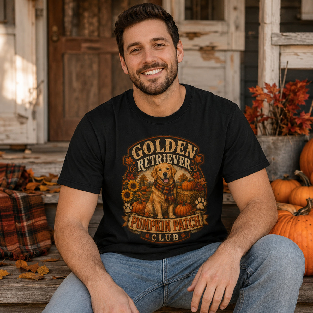 Model wearing a black Golden Retriever Pumpkin Patch t-shirt with a Golden Retriever at a pumpkin patch