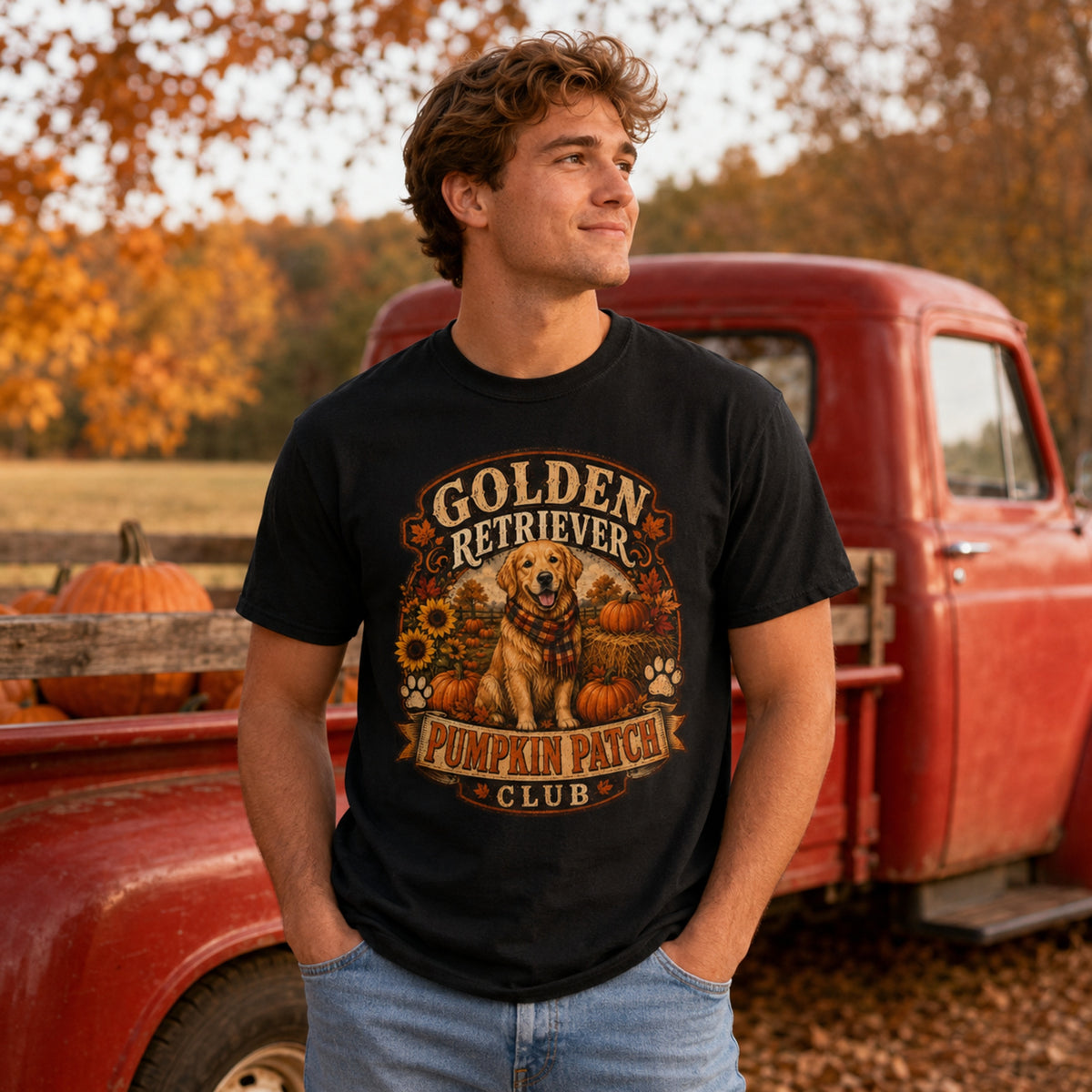 Model wearing a black Golden Retriever Pumpkin Patch t-shirt with a Golden Retriever at a pumpkin patch
