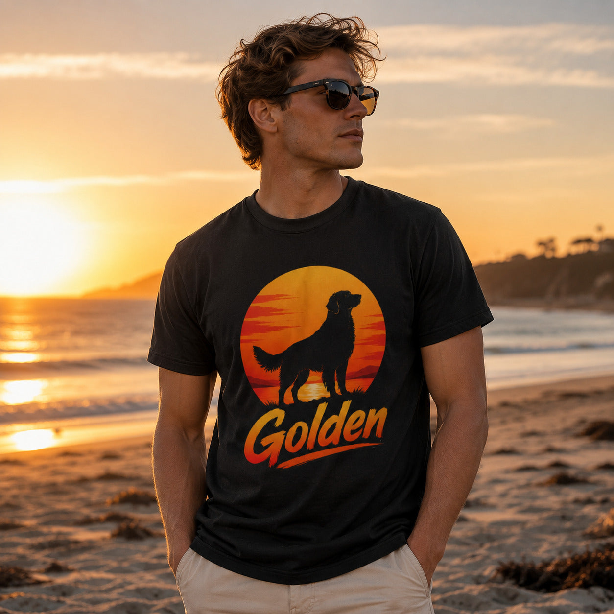 Man standing on a beach at sunset, wearing black 'Golden Retriever Sunset' t-shirt