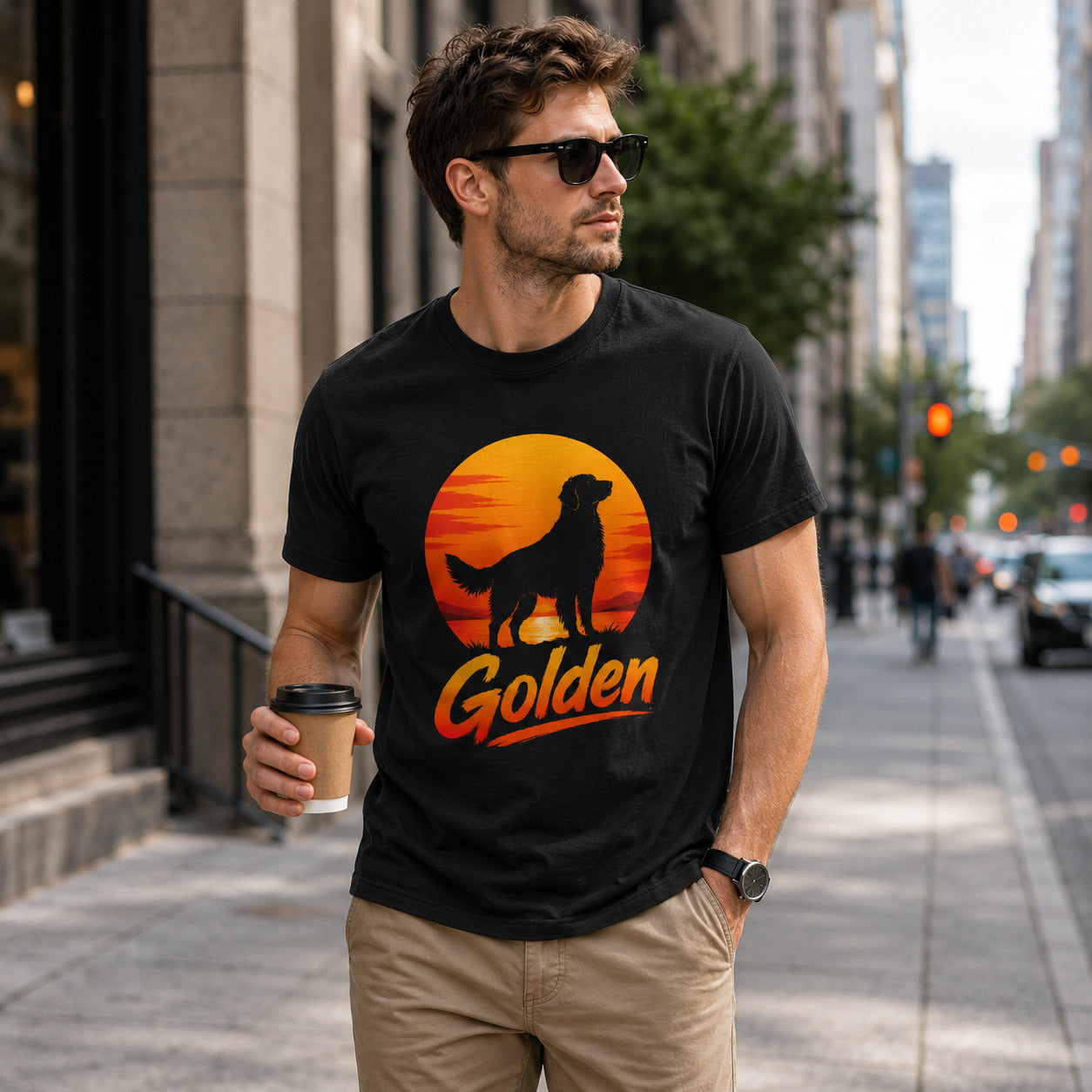 Man walking a city street, wearing black 'Golden Retriever Sunset' t-shirt