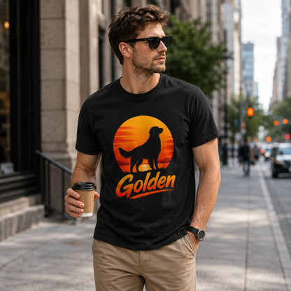 Man walking a city street, wearing black 'Golden Retriever Sunset' t-shirt