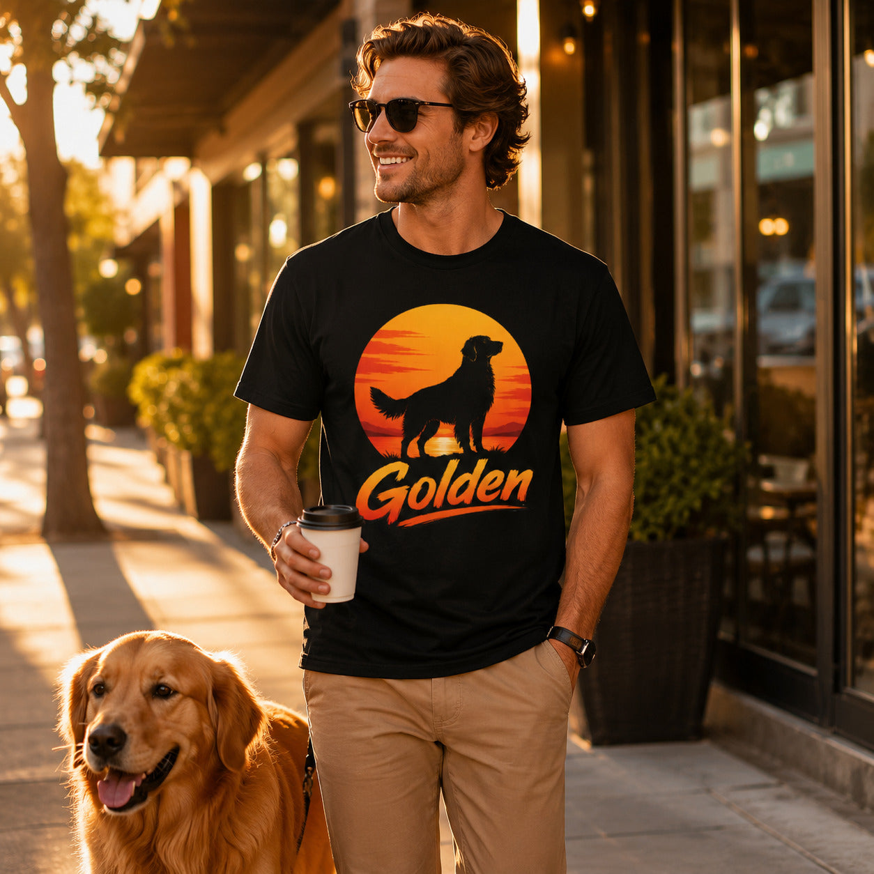 Man standing outside a coffee shop holding coffee with his golden retriever, wearing black 'Golden Retriever Sunset' t-shirt