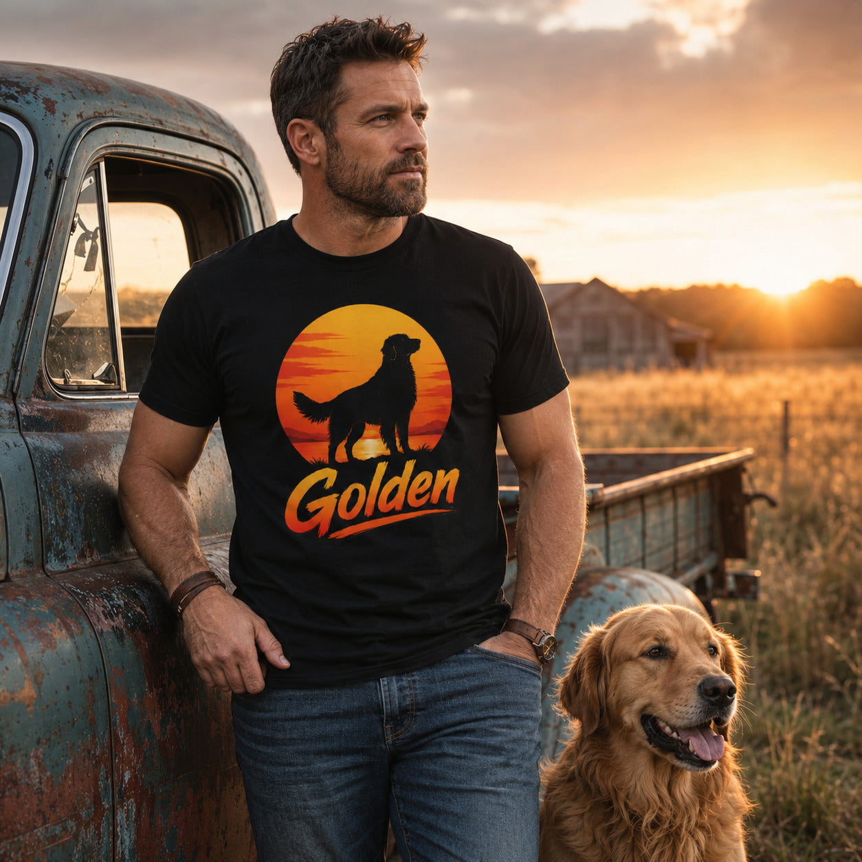Man leaning against a truck at sunset with his golden retriever, wearing black 'Golden Retriever Sunset' t-shirt