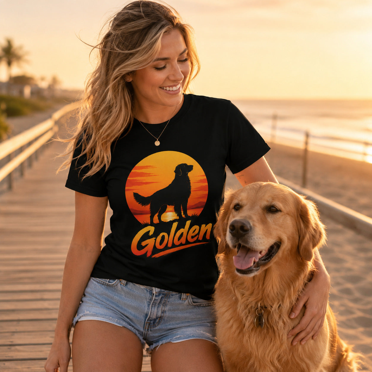 Woman walking a beach boardwalk with her golden retriever, wearing black golden retriever sunset t-shirt