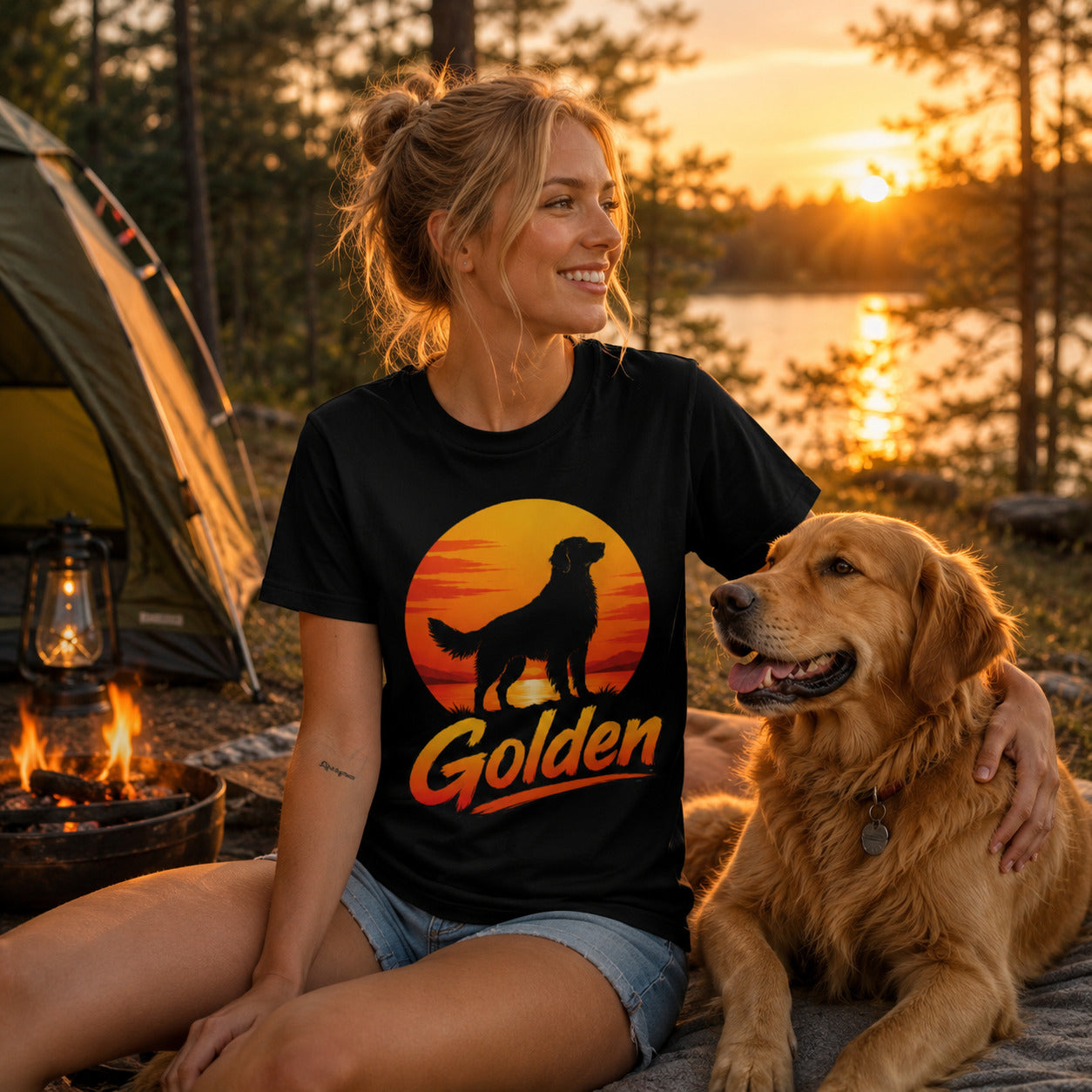 Woman sitting by a campfire at sunset with her golden retriever, wearing black golden retriever sunset t-shirt