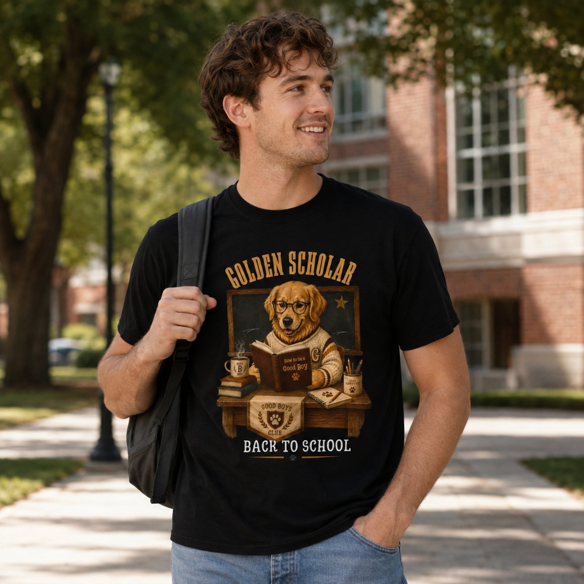 Man wearing a black Golden Scholar Dog T-shirt outdoors on a school campus with a golden retriever back to school design.