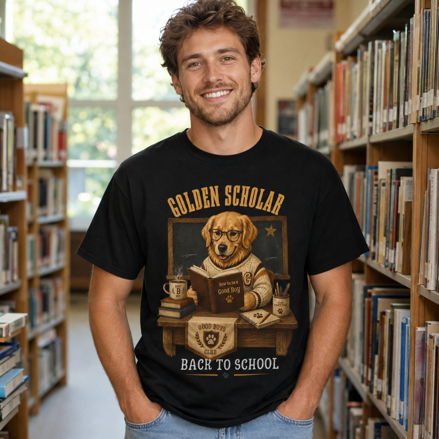 Man wearing a black Golden Scholar Dog T-shirt in a library with a golden retriever back to school print.