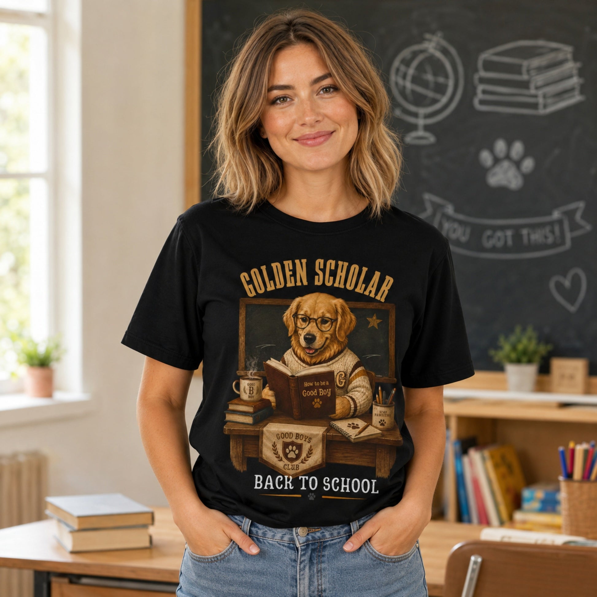 Woman wearing a black Golden Scholar Dog T-shirt in a classroom with a golden retriever back to school graphic.