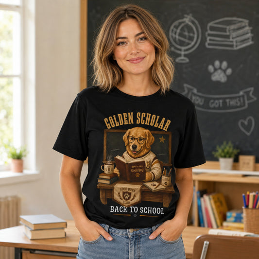 Woman wearing a black Golden Scholar Dog T-shirt in a classroom with a golden retriever back to school graphic.