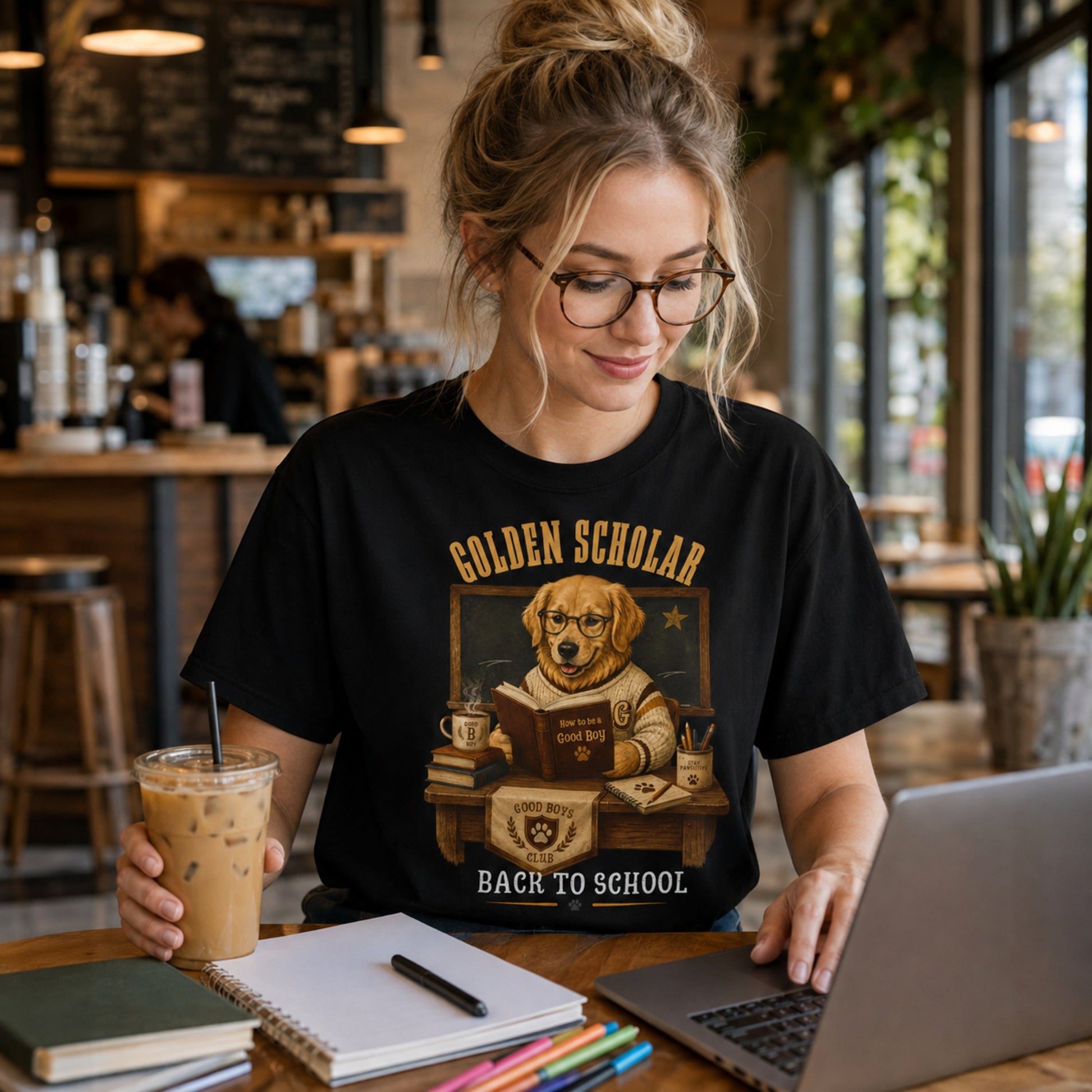 Woman wearing a black Golden Scholar Dog T-shirt at a coffee shop with laptop, books, and golden retriever school artwork.