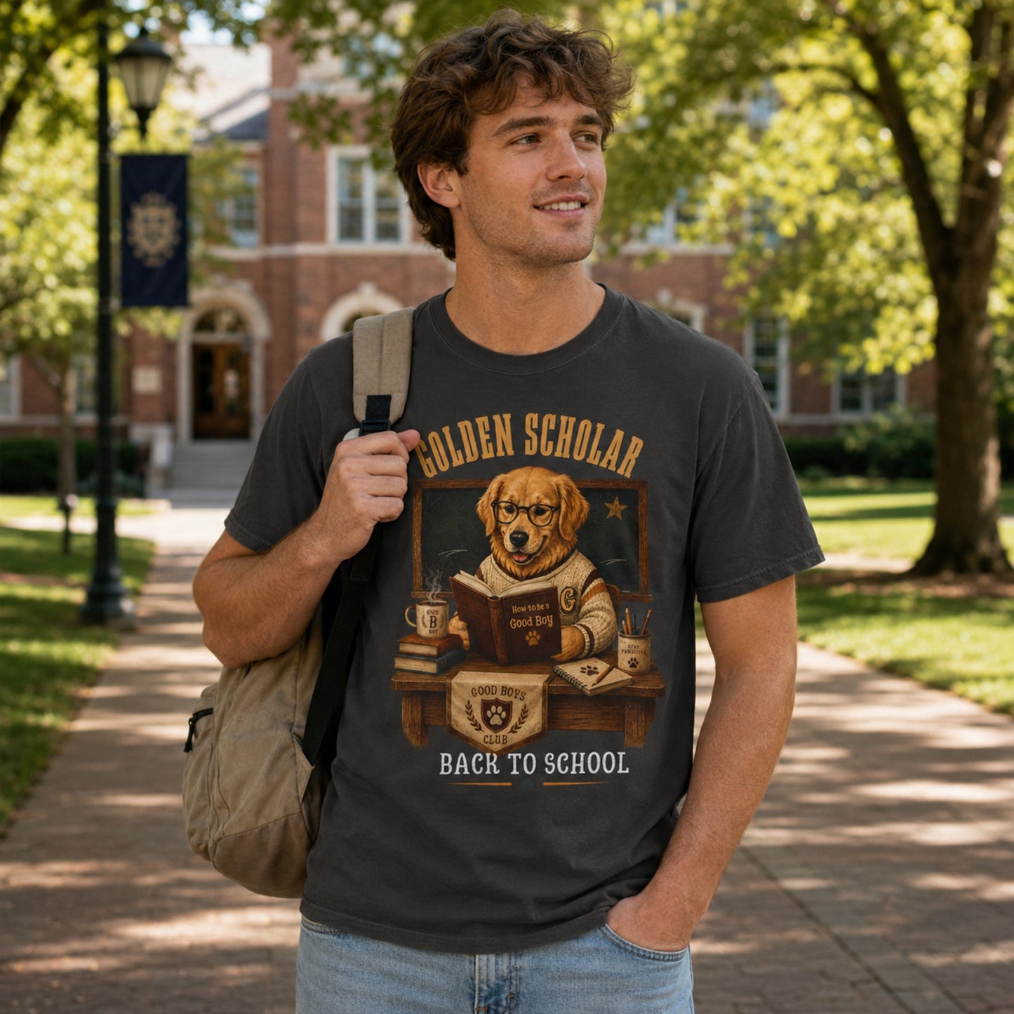 Man wearing a graphite Golden Scholar Dog T-shirt outdoors on a school campus with a golden retriever back to school design.
