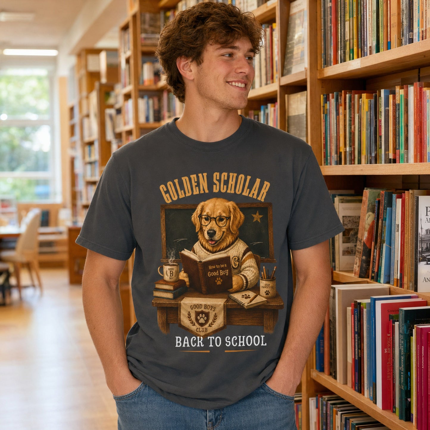Man wearing a graphite Golden Scholar Dog T-shirt in a library with a golden retriever back to school print.