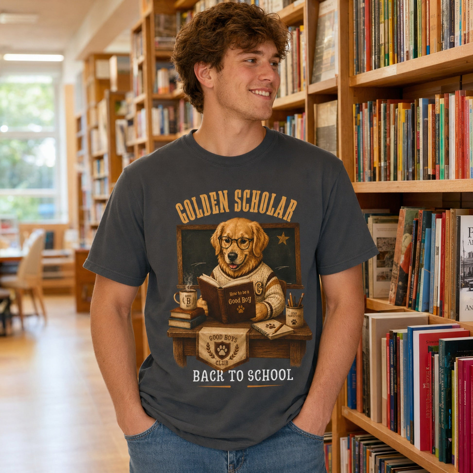 Man wearing a graphite Golden Scholar Dog T-shirt in a library with a golden retriever back to school print.