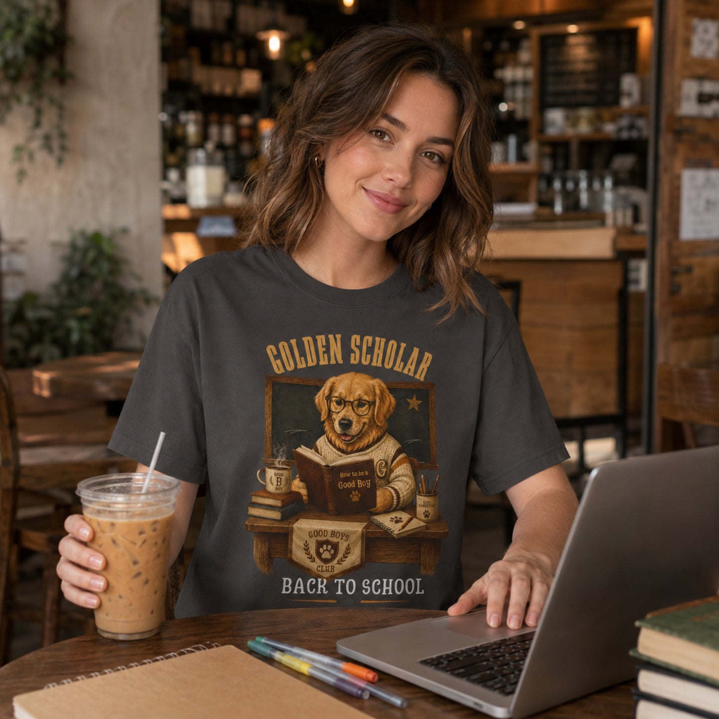 Woman wearing a graphite Golden Scholar Dog T-shirt at a coffee shop with laptop, books, and golden retriever school artwork.