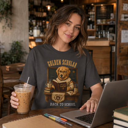 Woman wearing a graphite Golden Scholar Dog T-shirt at a coffee shop with laptop, books, and golden retriever school artwork.