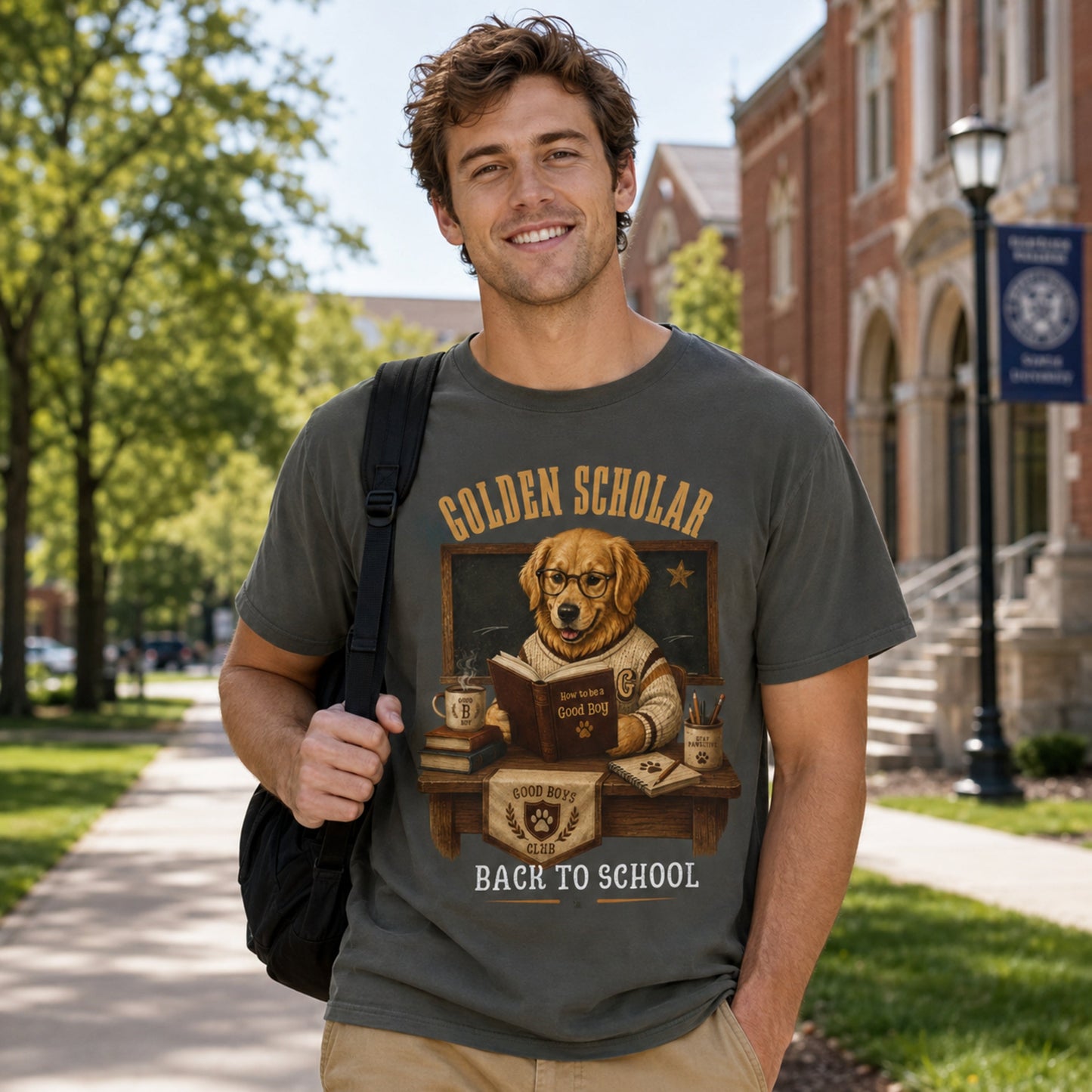 Man wearing a pepper Golden Scholar Dog T-shirt outdoors on a school campus with a golden retriever back to school design.