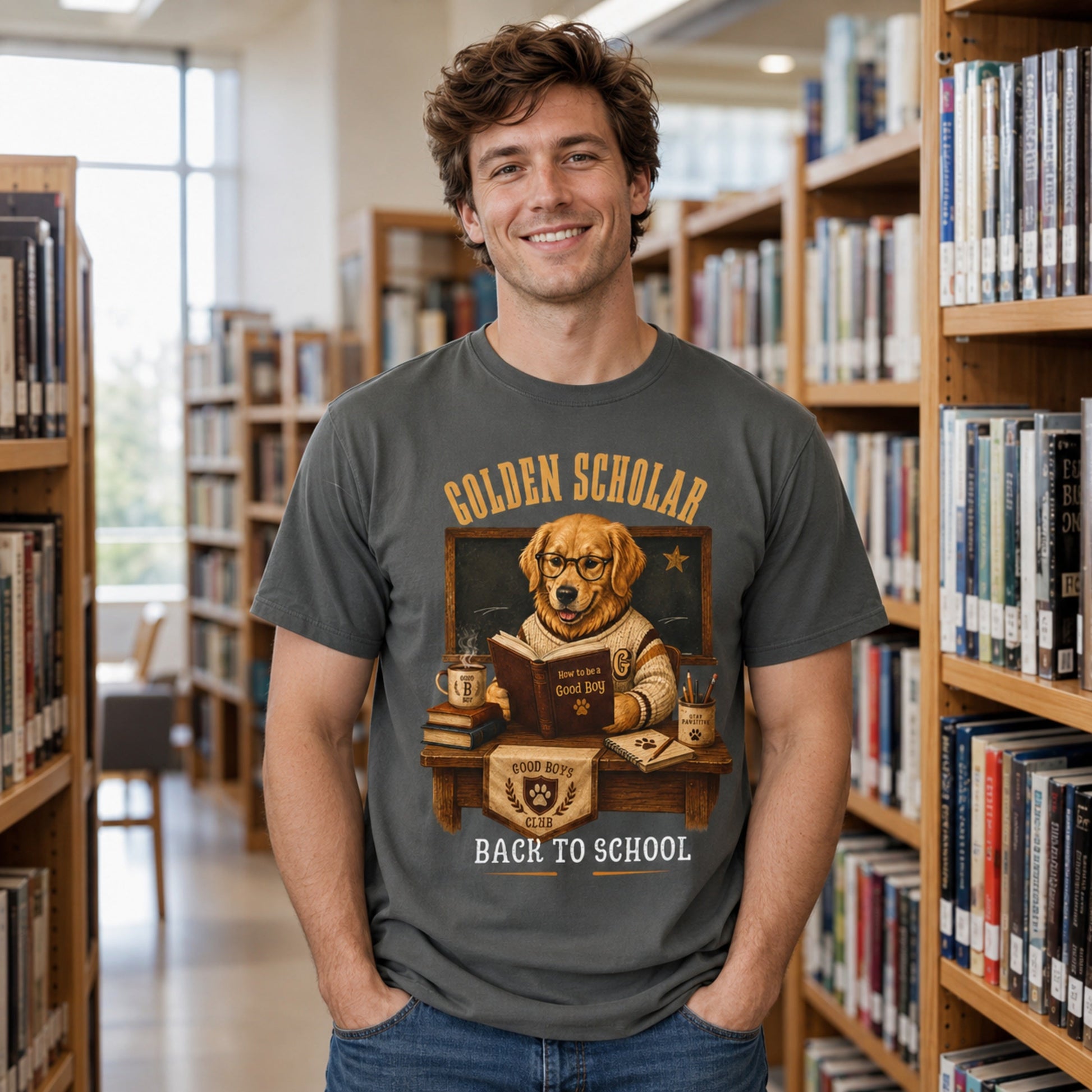 Man wearing a pepper Golden Scholar Dog T-shirt in a library with a golden retriever back to school print.
