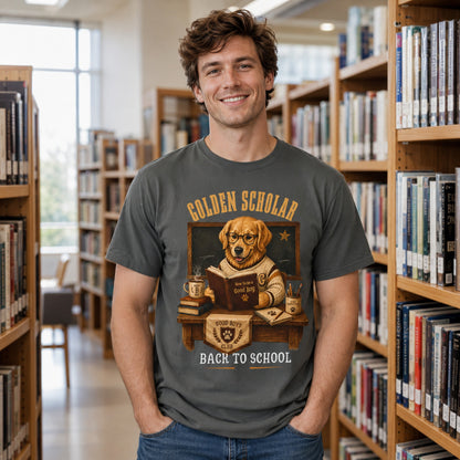 Man wearing a pepper Golden Scholar Dog T-shirt in a library with a golden retriever back to school print.