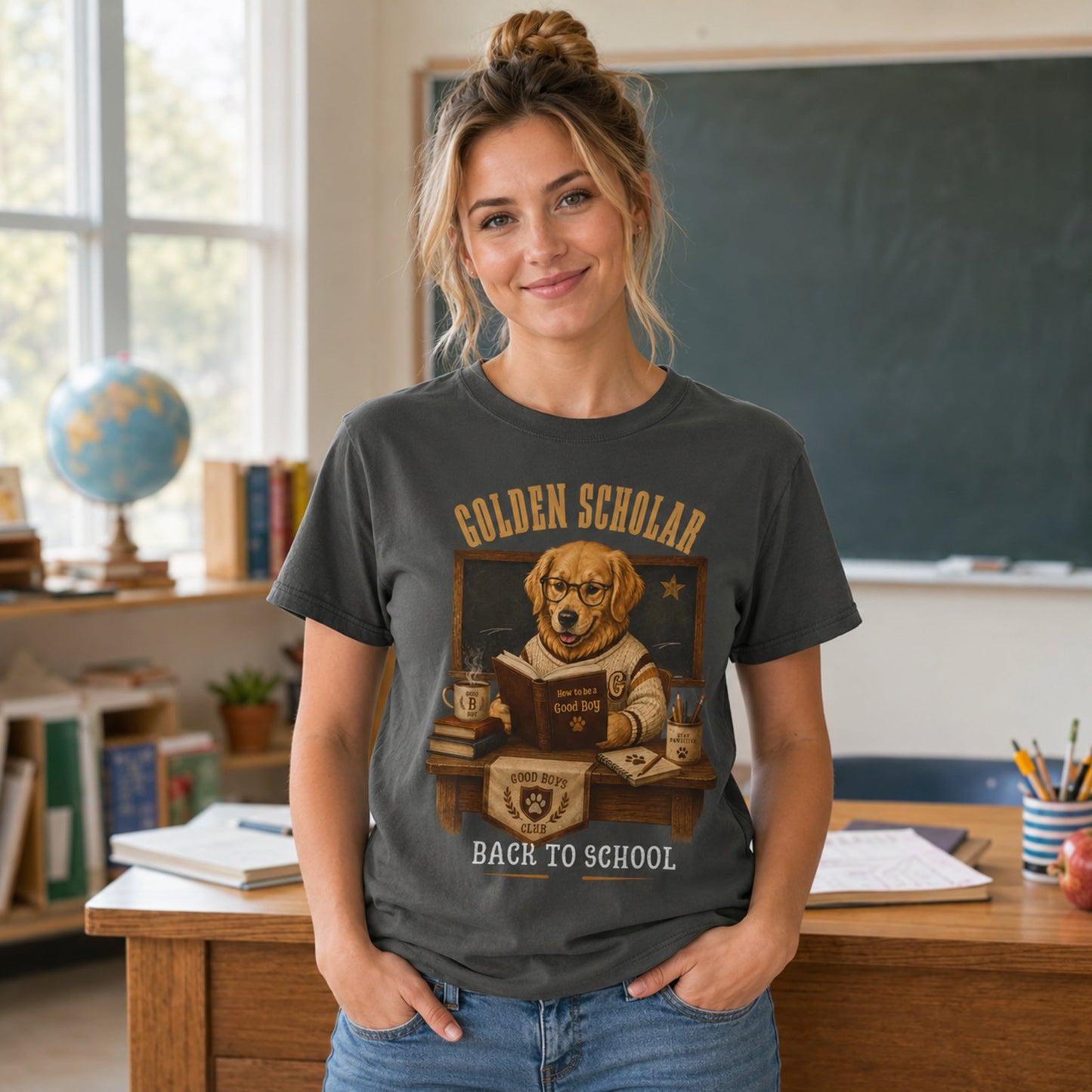 Woman wearing a pepper Golden Scholar Dog T-shirt in a classroom with a golden retriever back to school graphic.
