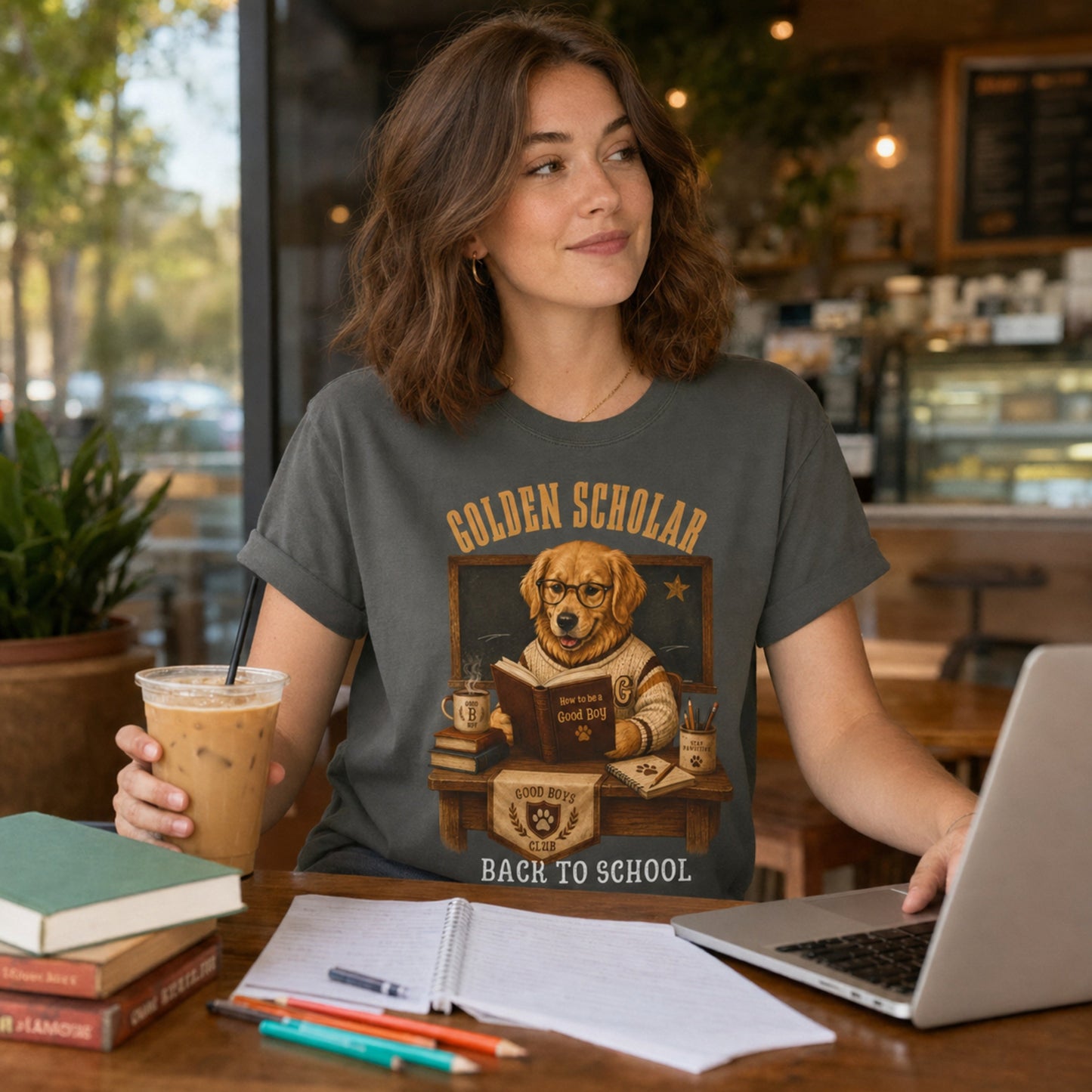 Woman wearing a pepper Golden Scholar Dog T-shirt at a coffee shop with laptop, books, and golden retriever school artwork.