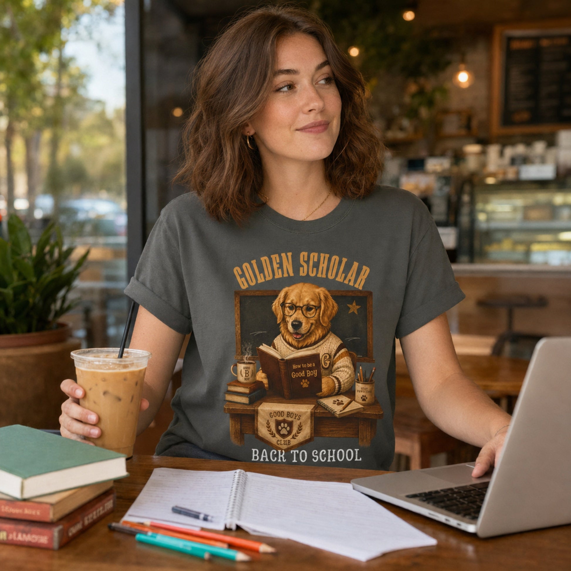 Woman wearing a pepper Golden Scholar Dog T-shirt at a coffee shop with laptop, books, and golden retriever school artwork.