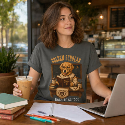 Woman wearing a pepper Golden Scholar Dog T-shirt at a coffee shop with laptop, books, and golden retriever school artwork.