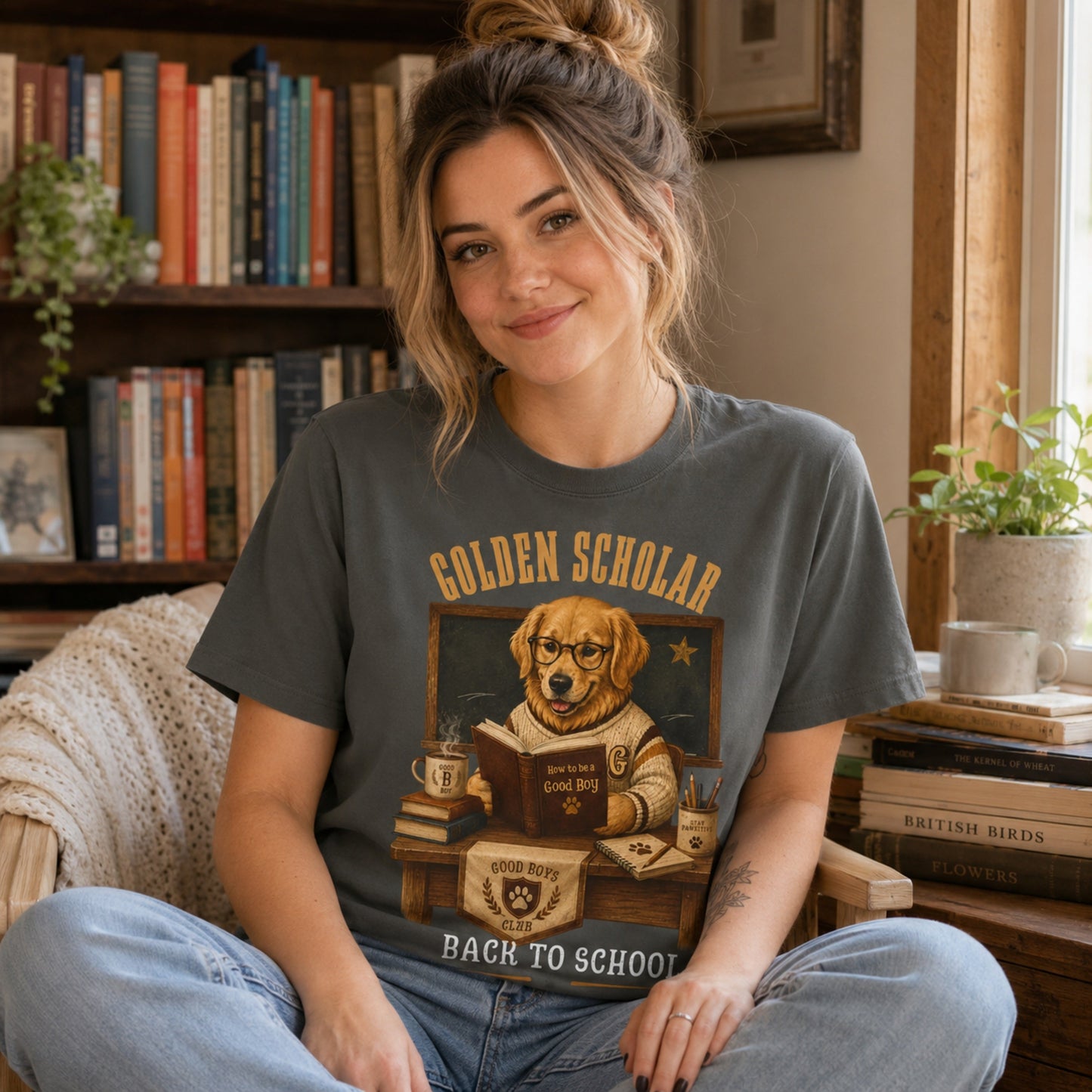 Woman wearing a pepper Golden Scholar Dog T-shirt in a reading nook with a golden retriever classroom graphic.