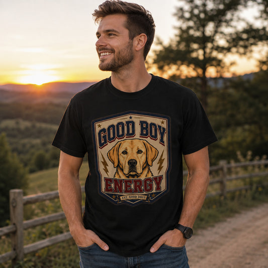 Model wearing a black Good Boy Energy t-shirt with a Labrador in a lifestyle scene