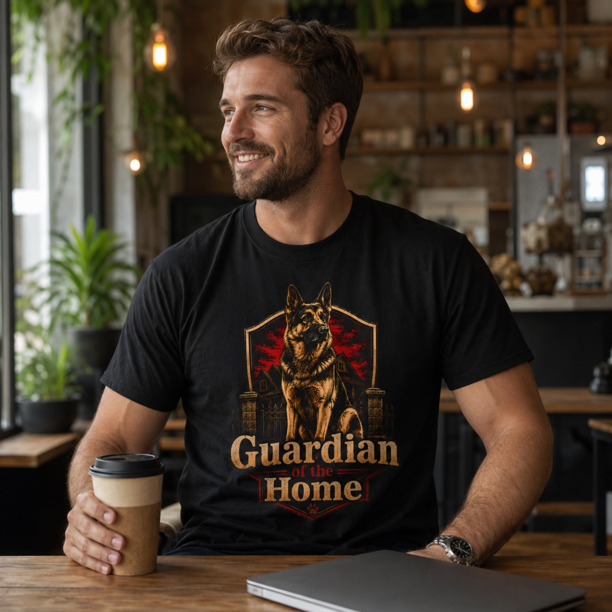 Man wearing a black Guardian of the Home German Shepherd T-shirt in a coffee shop with coffee and a laptop.