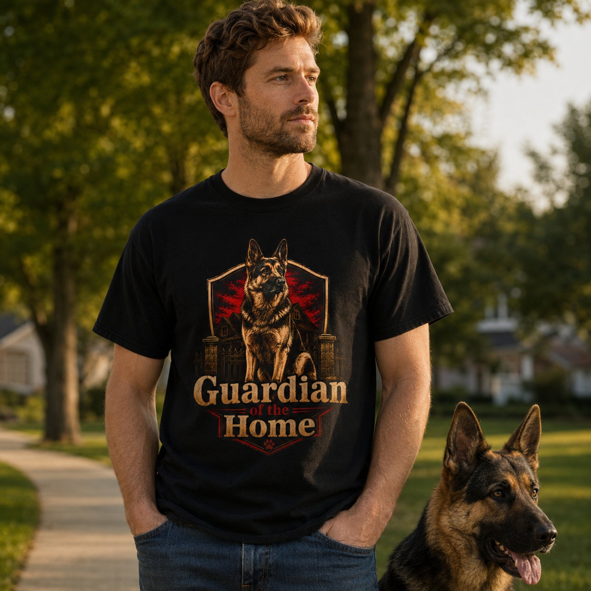 Man wearing a black Guardian of the Home German Shepherd T-shirt outdoors with a German Shepherd dog.