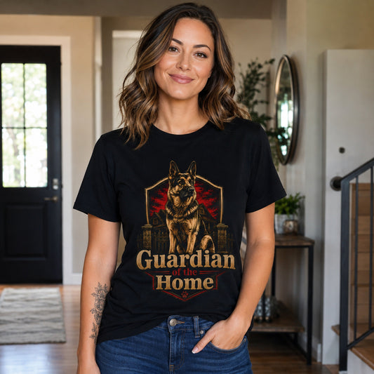 Woman wearing a black Guardian of the Home German Shepherd T-shirt in a modern home entryway.