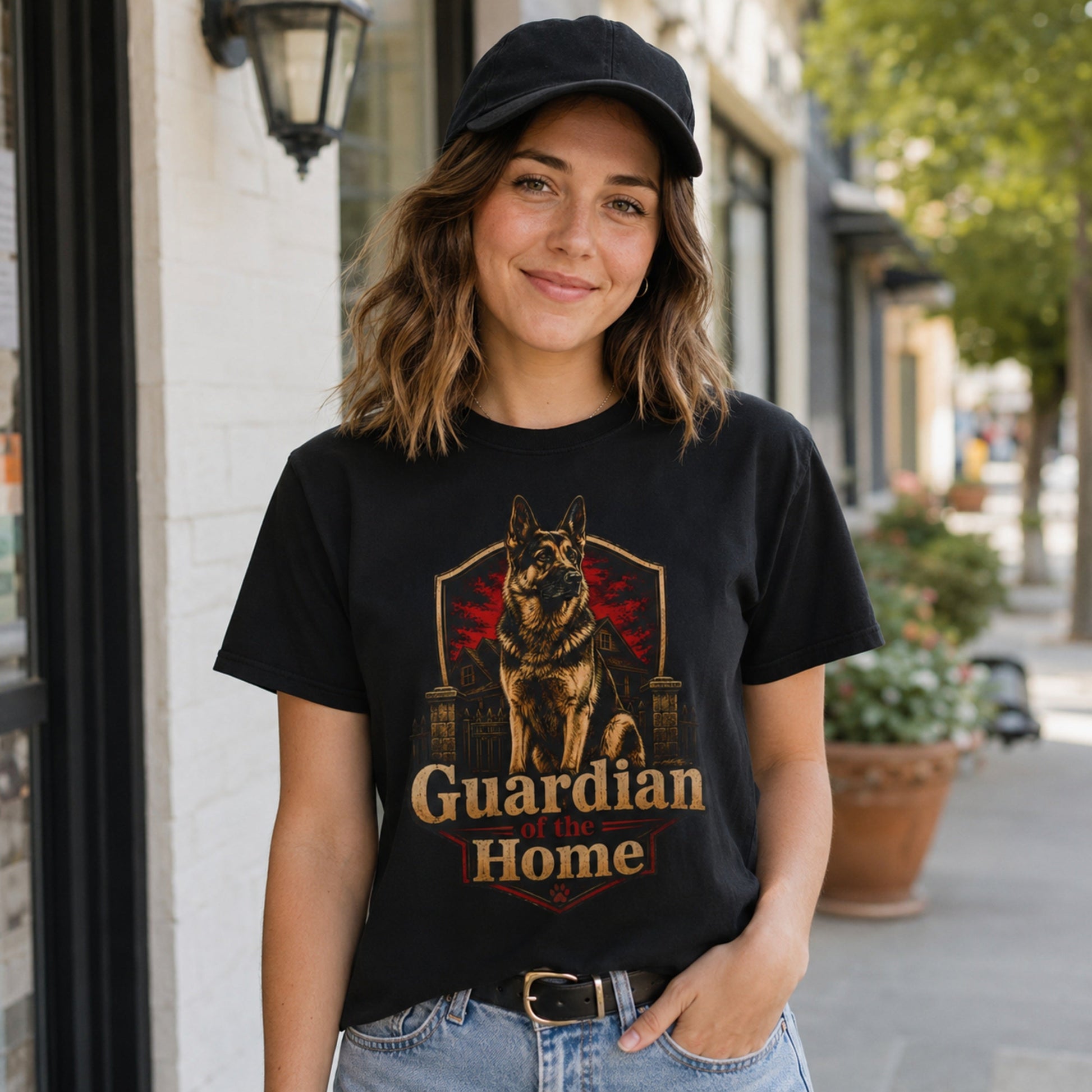 Woman wearing a black Guardian of the Home German Shepherd T-shirt on a sidewalk while wearing a cap.