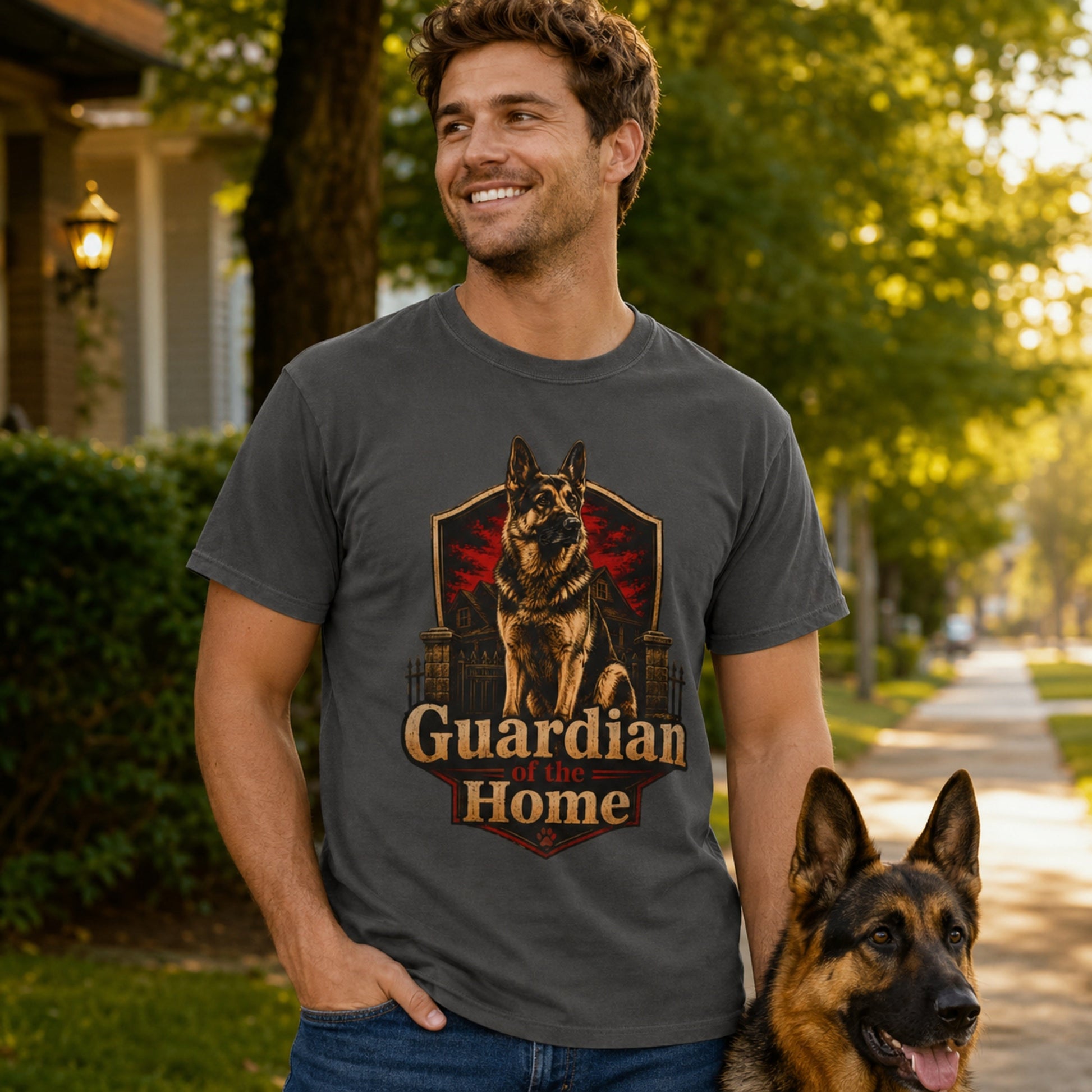 Man wearing a graphite Guardian of the Home German Shepherd T-shirt outdoors with a German Shepherd dog.