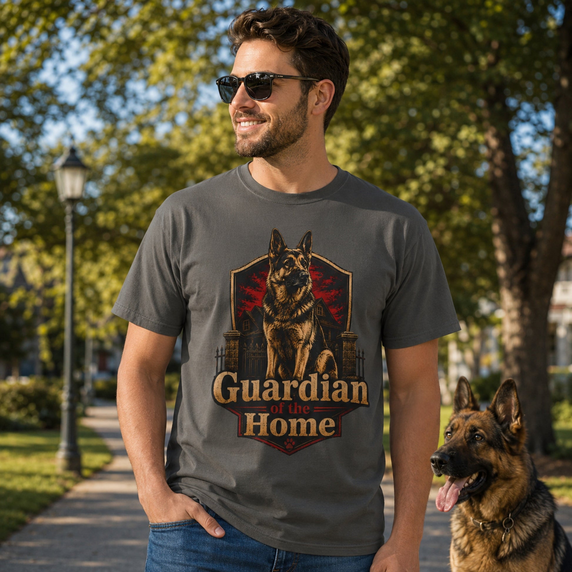 Man wearing a pepper Guardian of the Home German Shepherd T-shirt outdoors with a German Shepherd dog.