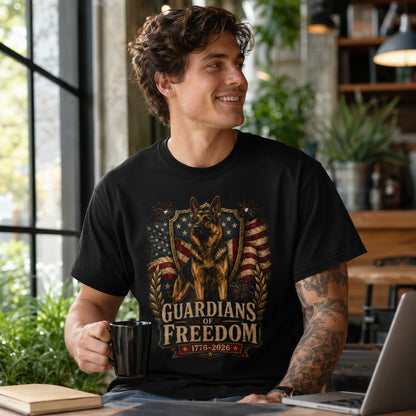 Man wearing a black Guardians of Freedom K-9 T-shirt with a German Shepherd patriotic graphic while holding a coffee mug near a laptop in a coffee shop.