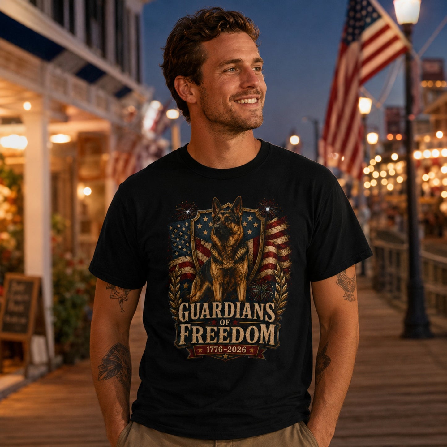 Man wearing a black Guardians of Freedom K-9 T-shirt with a German Shepherd patriotic graphic in an evening boardwalk scene with American flags.