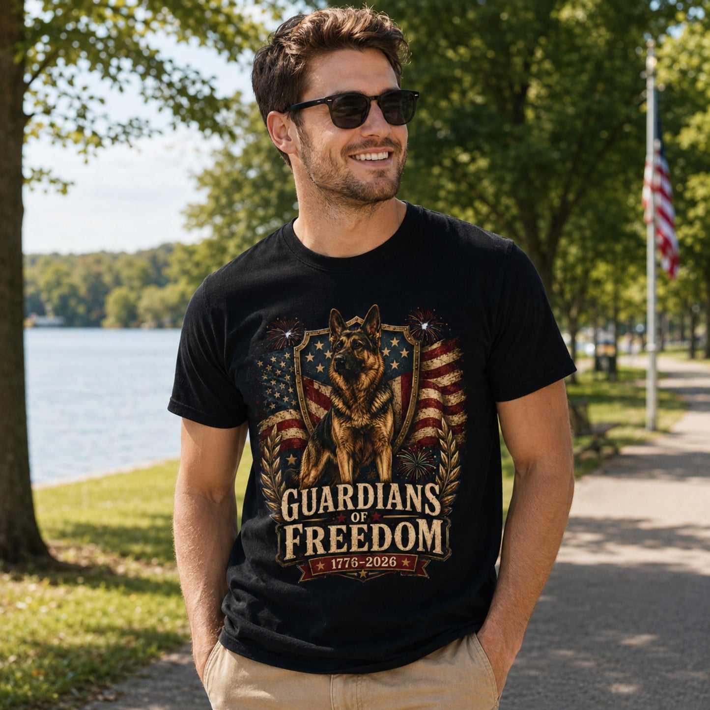 Man wearing a black Guardians of Freedom K-9 T-shirt with a German Shepherd patriotic graphic near a lakeside walking path.